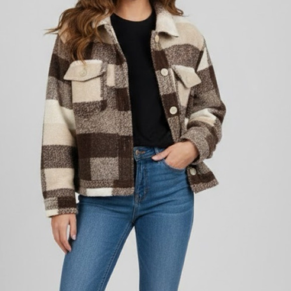 House of Harlow Brown Buffalo Plaid Wool Blend Crop Teddy Fleece Jacket Medium
